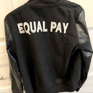 Black varsity “equal pay” feminist jacket size M